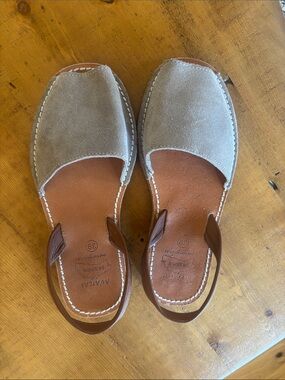 Suede Slingback Flats in Light Gray with Tan Straps